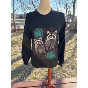 Vintage Jerzees Racoon Size Large Black Sweatshirt Woodland Men USA Crewneck
